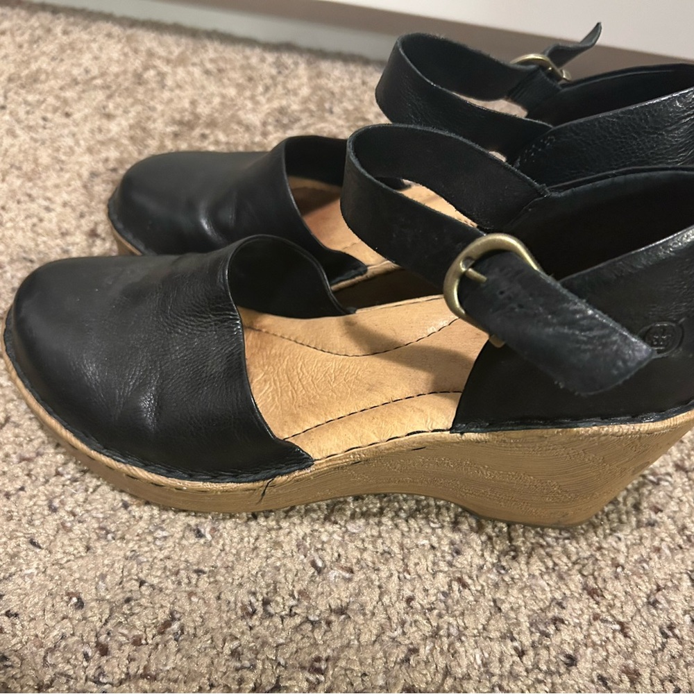 Born Black Leather Wedge Sandals with Ankle Strap size 9